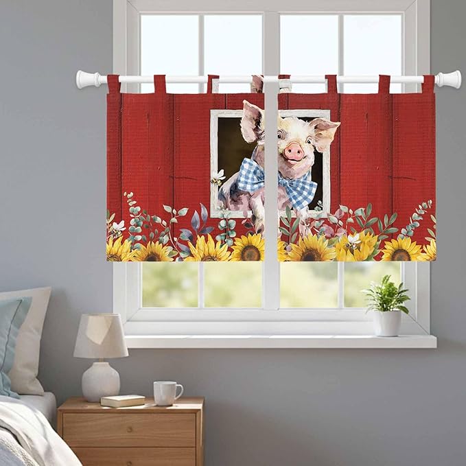 Pig Sunflowers Kitchen Curtains 24 Inch Length, Small Window Curtains Tab Top, Eucalyptus Leaves Floral Bees Red Barn Light Filtering Short Window Treatments Tier Drapes 27.5"x24" 2 Panel