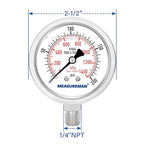 MEASUREMAN Fully Stainless Steel Hydraulic Glycerin Filled Pressure Gauge, 2-1/2" Dial Size,0-200psi/kpa,1/4" NPT Lower Mount