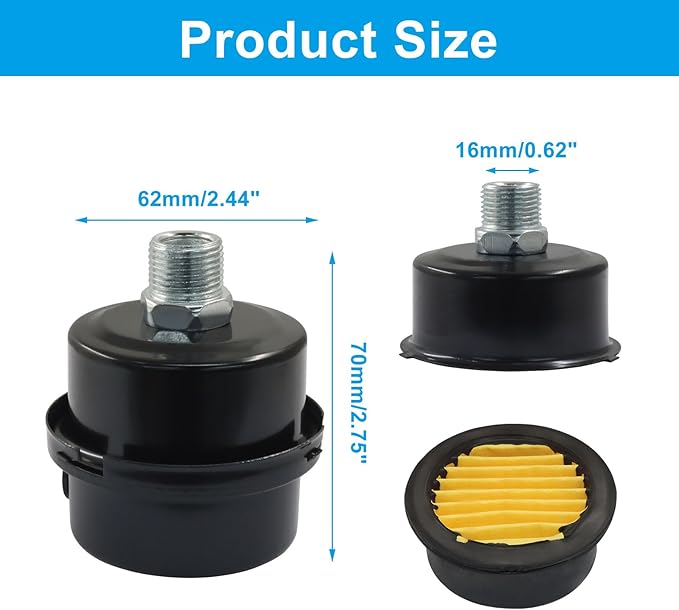 2 Pcs Air Compressor Silencer, 3/8" Thread Air Compressor Intake Filter 16mm Air Compressor Filter Noise Muffler