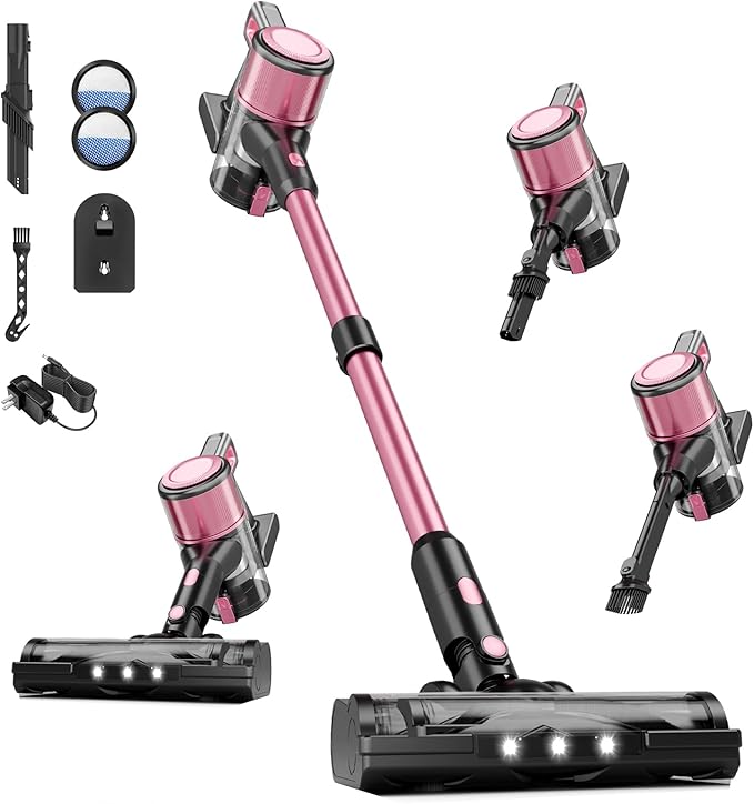 Cordless Vacuum Cleaner, 38Kpa Powerful Stick Vacuum Cleaner with 45mins Rechargeable Battery, LED Anti-Tangle Brush, 8-in-1 Handheld Vacuum Cleaners for Home/Pet Hair/Carpets/Floors, N506