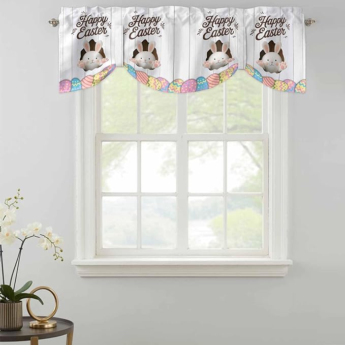 Grey Easter Tie Up Valance Curtains for Windows, Kitchen Curtains Window Shades, Spring Cartoon Bunny Colorful Eggs Wood Grain Light Filtering Roman Curtain Valances for Bedroom/Bathroom/Cafe 54"x18"