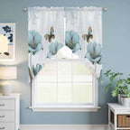 Blue Tulips Swag Valances for Windows, Watercolor Flowers Butterfly Spring Farmhouse Blue Rod Pocket Kitchen Curtains Valance, Kitchen Window Curtains Swag for Cafe Living Room, 2 Panels, 36x63 inch