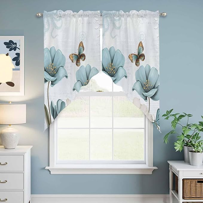 Blue Tulips Swag Valances for Windows, Watercolor Flowers Butterfly Spring Farmhouse Blue Rod Pocket Kitchen Curtains Valance, Kitchen Window Curtains Swag for Cafe Living Room, 2 Panels, 36x63 inch