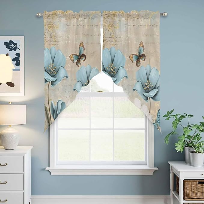 Spring Flowers Swag Valances for Windows, Vintage Rustic Tulips Floral Butterfly Khaki Rod Pocket Kitchen Curtains Valance, Kitchen Window Curtains Swag for Cafe Living Room, 2 Panels, 36x45 inch