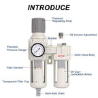AIRZOE 3/4" NPT Compressed Air Filter Regulator Lubricator Combo, Air Compressor Water Separator AC4010-06,5 Micron Brass Element Semi-Auto Drain,0-145 psi Gauge