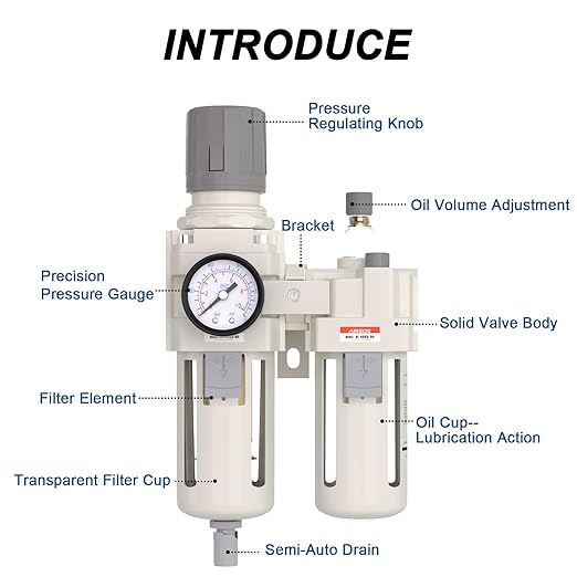 AIRZOE 3/4" NPT Compressed Air Filter Regulator Lubricator Combo, Air Compressor Water Separator AC4010-06,5 Micron Brass Element Semi-Auto Drain,0-145 psi Gauge
