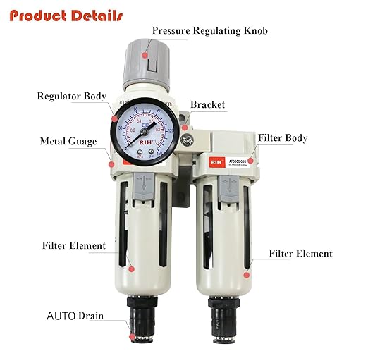 RIH Air Dryer System - 3/8”NPT Auto Drain Double Air Filters-5 Micron Particulate Filter& Air Pressure Regulator - Gauge(0-150 psi), Auto Drain, Poly Bowl,Bracket - 3 in 1 Two Unit AC3011-03D