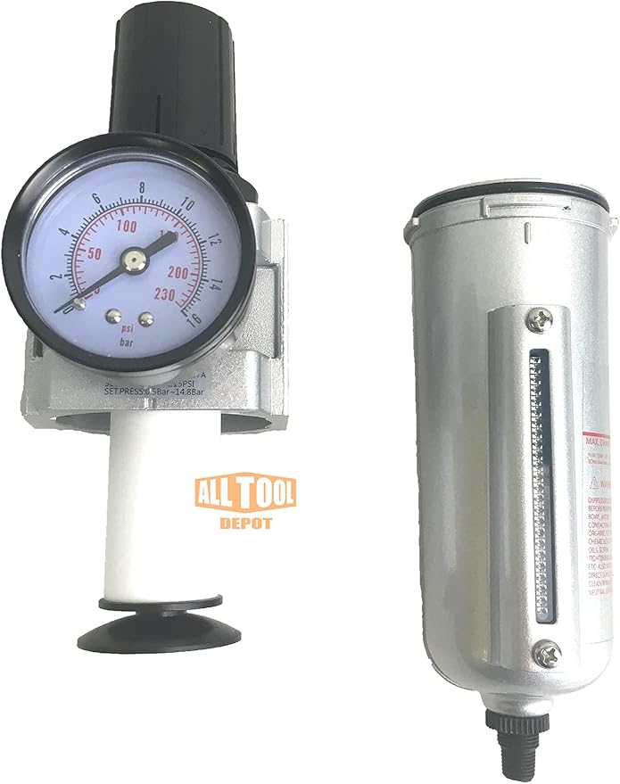 3/4" NPT HEAVY DUTY Compressed Air In Line Filter Regulator Combo Piggyback, Metal Bowl, 5 Micron Element, Adjustable From 7 to 175 PSI (AUTO DRAIN)