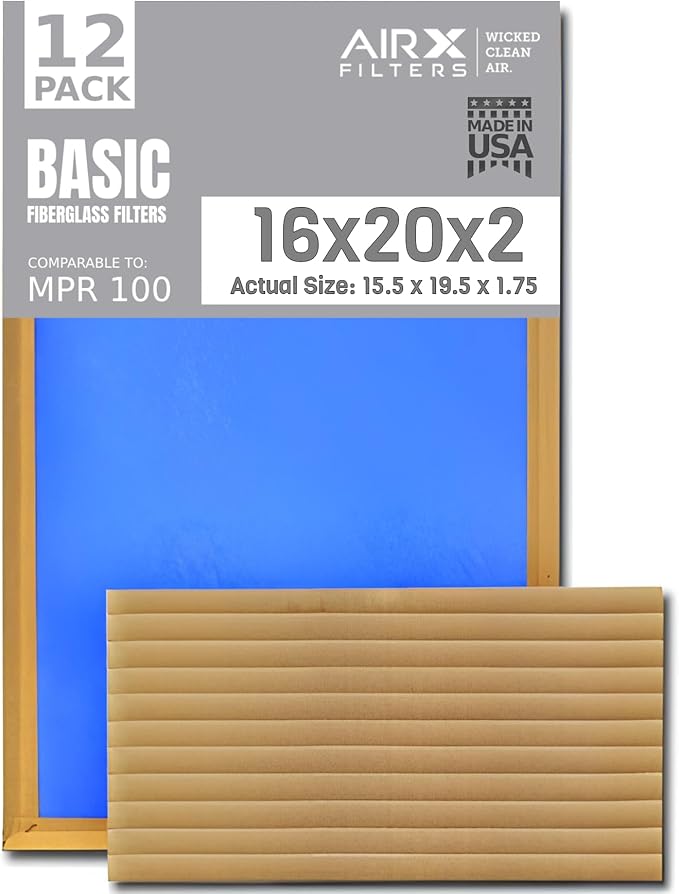 16x20x2 Air Filter Comparable to MPR 100 Basic Economy Furnace Filters, 12 Pack of Non Pleated Fiberglass Filter For Dust - Low Airflow Restriction! From AIRX FILTERS WICKED CLEAN AIR.