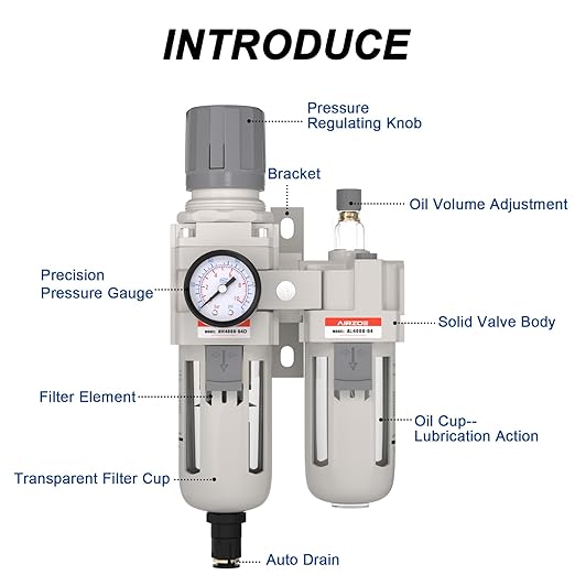 1/2" NPT Compressed Air Filter Regulator Lubricator Combo, Air Compressor Water Separator AC4010-04,5 Micron Brass Element Auto Drain,0-145 psi Gauge