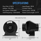 iPower 4 Inch 195 CFM Inline Fan Circulation Exhaust Blower, Air Carbon Filter, 8 Feet Ducting and 1-Pair Rope for Grow Tent Ventilation, Low Noise, 4'' Ventilatin System, Black