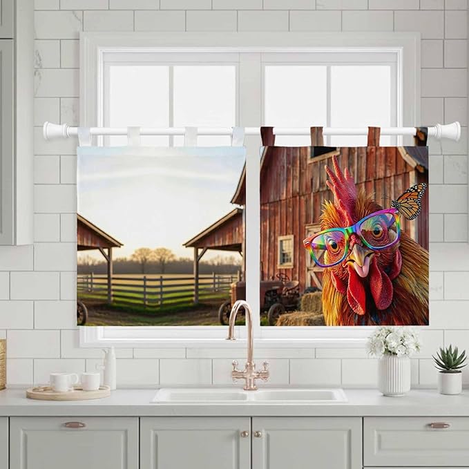 Farm Rooster Kitchen Curtains 36 Inch Length, Small Window Curtains Tab Top, Farmhouse Barn Funny Animals Butterfly Light Filtering Short Window Treatments Tier Drapes 27.5"x36" 2 Panel