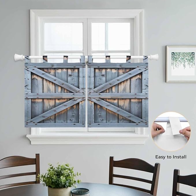 Farmhouse Wood Grain Kitchen Curtains 24 Inch Length, Small Window Curtains Tab Top, Vintage Country Barn Gate Textured Light Filtering Short Window Treatments Tier Drapes 27.5"x24" 2 Panel