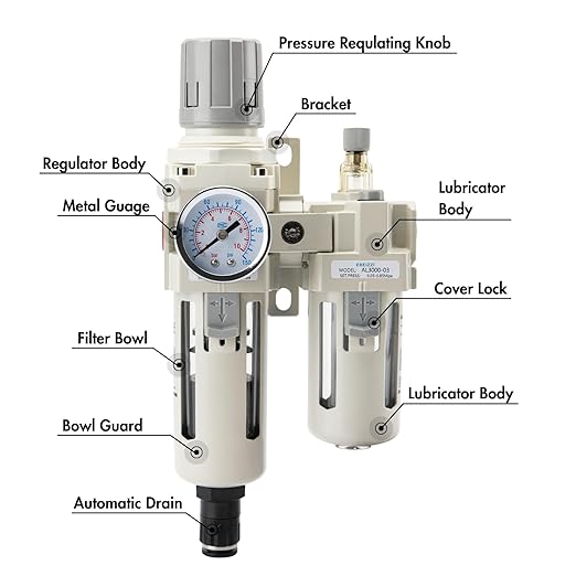 3/8" NPT Air Compressor Water Separator Regulator Filter Combo Compressed Air Filter Dryer Pressure Regulator with Gauge(0-150 psi) Poly Bowl Auto Drain Bracket - 3 in 1 Two Unit