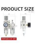 3/8" PT Compressed Air Filter Regulator Lubricator Combo Water/Oil Trap Separator Air Filter Pressure Regulator Manual Drainage AC3010-03 (3/8" NPT, Manual Drainage)
