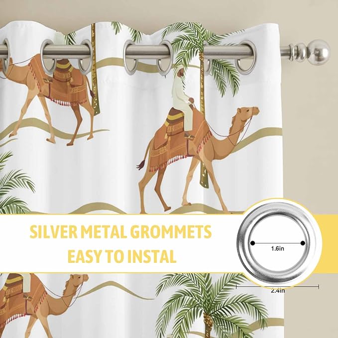 2 Panel Kitchen Cafe Curtains, Desert Camels Sunlight Filtering Nature Air Through, Home Decor Window Covering Tier Curtains for Bedroom Living Room 80W x 63L inch Tropical Date Palm Trees Animal