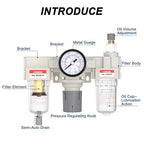 AIRZOE 1/4” NPT Air Compressor Filter, Regulator and Lubricator Combos FRL - Water Oil Trap Separator AC2000-02, 5 Micron Brass Element, Semi-auto Drain, 0-150 psi Gauge