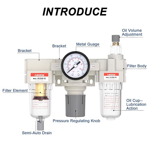 AIRZOE 1/4” NPT Air Compressor Filter, Regulator and Lubricator Combos FRL - Water Oil Trap Separator AC2000-02, 5 Micron Brass Element, Semi-auto Drain, 0-150 psi Gauge