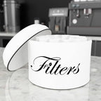 Coffee Filter Holder, White Basket Coffee Filter Storage with Lid, Round CoffeeFilter Container for Counter, Rustic Farmhouse Coffee Bar Accessories Decor (White)