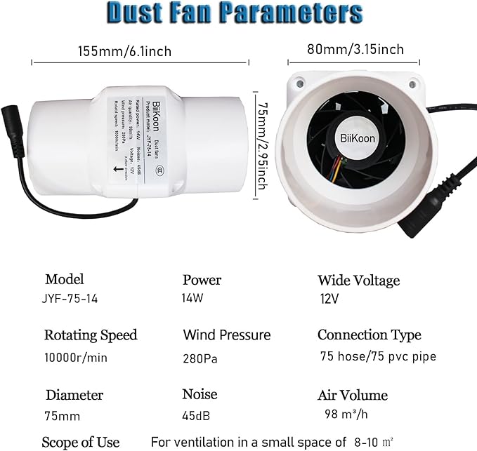 12V Inline Duct Fan 3 Inch Vent Booster 14W HVAC Exhaust Intake Fans 58Cfm Air Ventilation Blower for Grow Tent Attic Greenhouse Basement (Color : NO Adjustable Speed, Size : 14w)