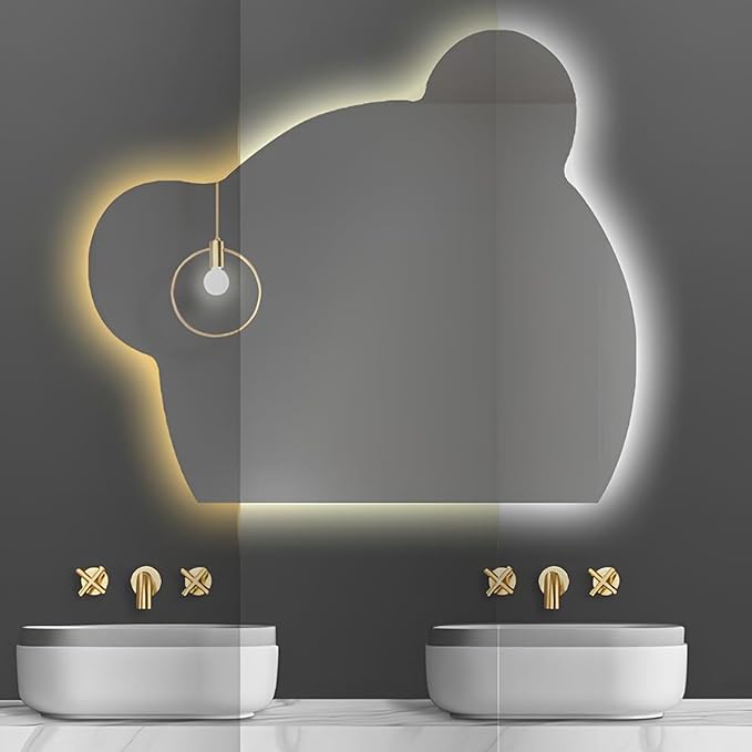 LTSRLL LED Vanity Mirror Cute Bear Decorative Mirror for Bathroom & Dressing Tabler Backlight Wall Mirror with 3 Color Dimmable Light Demister Pad Human Body Sensor Switch(Cut Right,60cmx75cm)