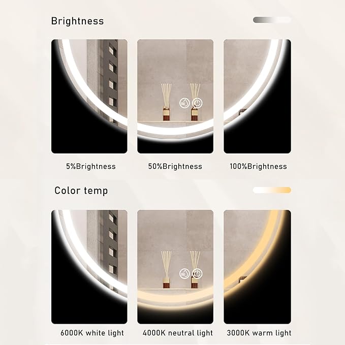 Bathroom Mirror with LED Lights, Wall Mounted Round Mirror, Mirror for Wall with Touch, 3 Colour and Demister Pad, IP44 Dimmable Bathroom Vanity Mirror(A,23.6"/60cm)