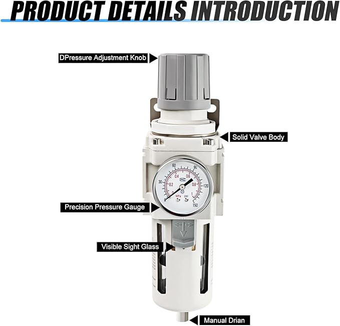 MEANLIN Air Compressor Moisture Filter, AW4000-06 Air Line Filter, 3/4" NPT Inlet with 150 PSI Gauge and Valve Shut Off Switch for Air Tools and Spray Paint Gun