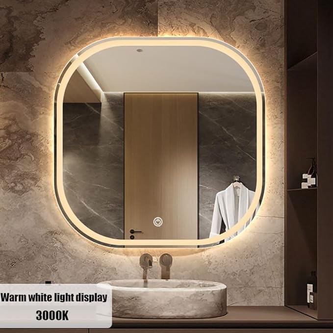JSLJDM 500X500 mm Illuminated Backlit LED Bathroom Mirror, Wall Mounted Multifunction Bathroom Vanity Mirror with Lights and Demister Pad, Energy-Saving Illuminated Smart Mirror 80cm tricolorlight