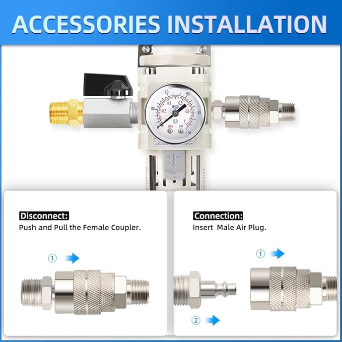 MEANLIN Air Compressor Moisture Filter, AW3000 Air Line Filter, 3/8" NPT Inlet with 150 PSI Gauge and Valve Shut Off Switch for Air Tools and Spray Paint Gun
