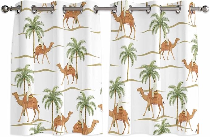 2 Panel Kitchen Cafe Curtains, Desert Camels Sunlight Filtering Nature Air Through, Home Decor Window Covering Tier Curtains for Bedroom Living Room 104W x 52L inch Tropical Date Palm Trees Animal
