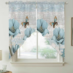 Spring Floral Swag Valances for Windows, Vintage Tulips Flower Butterfly Retro Wood Blue Rod Pocket Kitchen Curtains Valance, Kitchen Window Curtains Swag for Cafe Living Room, 2 Panels, 36x63 inch