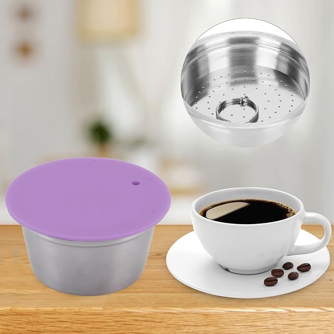 Reusable Coffee Capsule, Stainless Steel Coffee Filter Cup Set, Coffee Capsule Cup with Pressed Powder Cover for Coffee Maker (Purple)