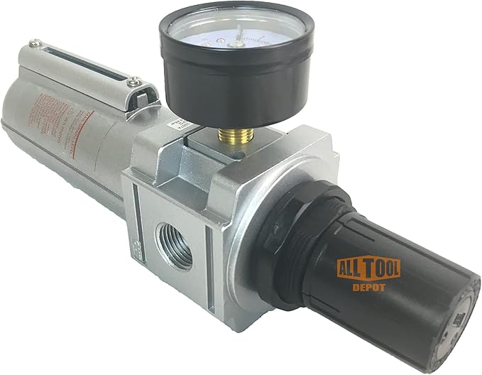1/2" NPT HEAVY DUTY Compressed Air In Line Filter Regulator Combo Piggyback, Metal Bowl, 5 Micron Element, Adjustable From 7 to 215 PSI (MANUAL DRAIN)