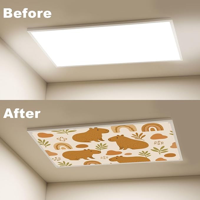 6 Pcs Fluorescent Light Covers for Ceiling Lights Cute Capybara Gifts Rainbows Leaves Abstract Shapes Earth Tones Decorative Magnets Light Filters for Office Home Classroom Must Haves 4’ x 2’
