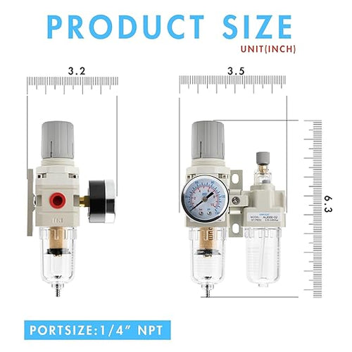 1/4" NPT Air Compressor Water Separator Regulator Filter Combo Compressed Air Filter Dryer Pressure Regulator with Gauge(0-150 psi) Poly Bowl Semi-Auto Drain Bracket - 3 in 1 Two Unit