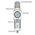 XingNEeng 3/8" NPT Compressed Air Filter Regulator Combo Piggyback, Water/Oil Trap Separator with Pressure Gauge(0-150 psi), Semi-Auto Drain, Poly Bowl, 5 Micron Brass Element, Metal Bracket