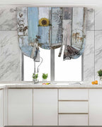 Tie Up Curtains for Windows, Blue Grey Wooden Adjustable Balloon Nature Linen Textured Kitchen Curtain, Farmhouse Barn Sunflowers Retro Room Darkening Curtains for Glass Door, 42 x 45 in