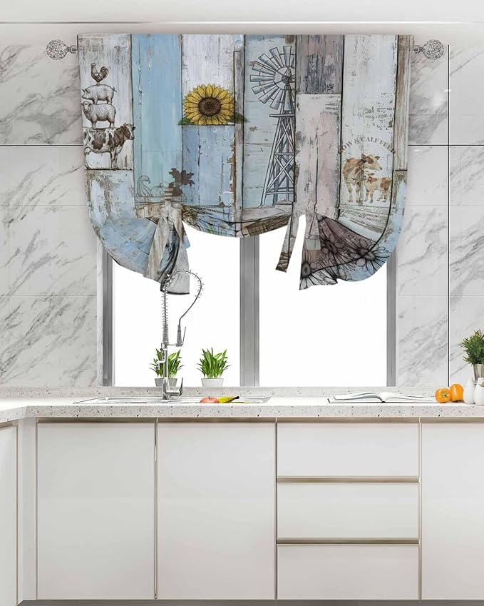Tie Up Curtains for Windows, Blue Grey Wooden Adjustable Balloon Nature Linen Textured Kitchen Curtain, Farmhouse Barn Sunflowers Retro Room Darkening Curtains for Glass Door, 42 x 45 in