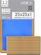 25x25x1 Air Filter Comparable to MPR 100 Basic Economy Furnace Filters, 12 Pack of Non Pleated Fiberglass Filter For Dust - Low Airflow Restriction! From AIRX FILTERS WICKED CLEAN AIR.
