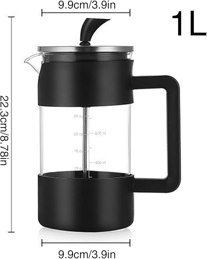 Pressed Coffee Maker 1 Liter – Portable Coffee Press System, Heat Resistant Glass Carafe, Stainless Steel Plunger Filter Mechanism, Smooth Extraction Control, Easy Grip Handle Design | Camping