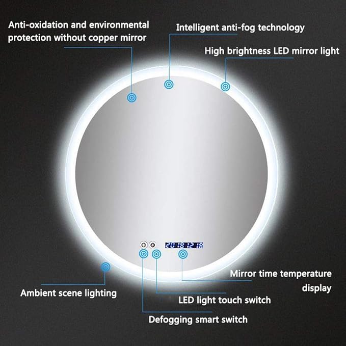 Round LED Bathroom Mirror Demister Pad IP44 Vanity Large Mirror Cold Light Dressing Wall Mirror (Color : Cold Light Size : 60cm) (Cold Light 80cm)