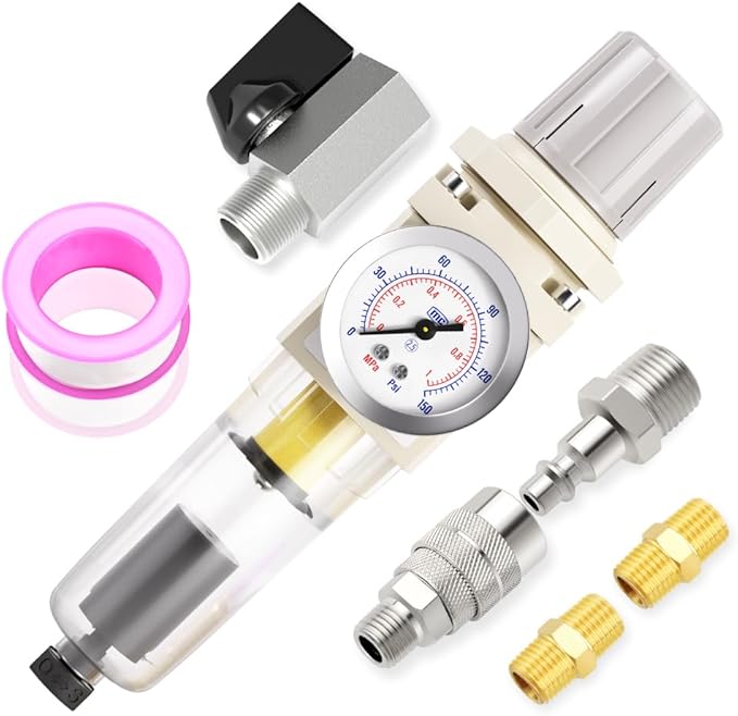 MEANLIN Air Compressor Moisture Filter, Automatic Drain Air Line Filter AW2000-02D, 1/4" NPT Inlet with 150 PSI Gauge and Valve Shut Off Switch for Air Tools and Spray Paint Gun