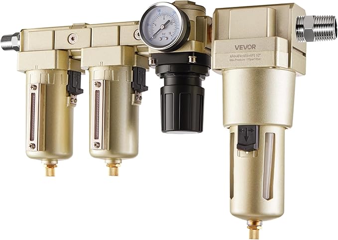 VEVOR Air Compressor Filter Regulator Combo, 1/2" NPT 3-Stage 25μm & 5μm & 0.3μm Compressed Air Drying System with Micron Filters & Oil-Water Separator, Semi-Auto Drain, 175PSI Max Working Pressure