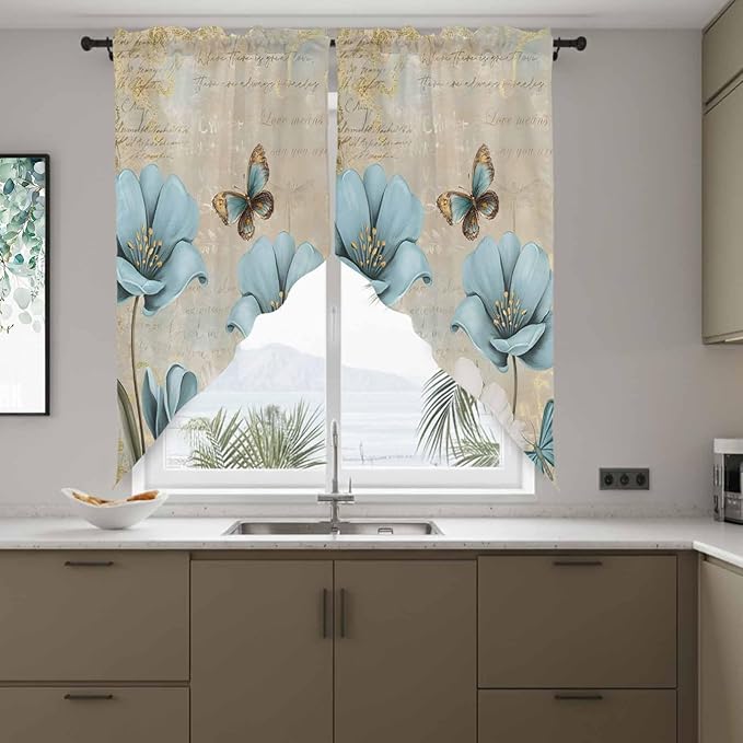 Spring Flowers Swag Valances for Windows, Vintage Rustic Tulips Floral Butterfly Khaki Rod Pocket Kitchen Curtains Valance, Small Window Curtains Swag for Cafe Living Room, 2 Panels, 28x36 inch