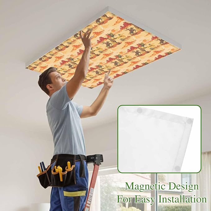 Tropical Plant Cactus Fluorescent Light Covers 1 Pack Western Cowboy Horse Sunset Desert Ethnic Magnetic Fluorescent Ceiling Lights Filters for Office Classroom Home Drop Ceiling 4x2 Feet