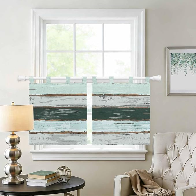 Blue Teal Kitchen Curtains 36 Inch Length, Small Window Curtains Tab Top, Vintage Wooden Retro Art Farmhouse Barns Light Filtering Short Window Treatments Tier Drapes 27.5"x36" 2 Panel