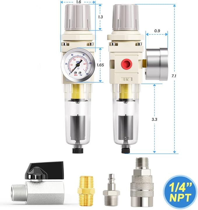 MEANLIN Air Compressor Moisture Filter, Automatic Drain Air Line Filter AW2000-02D, 1/4" NPT Inlet with 150 PSI Gauge and Valve Shut Off Switch for Air Tools and Spray Paint Gun