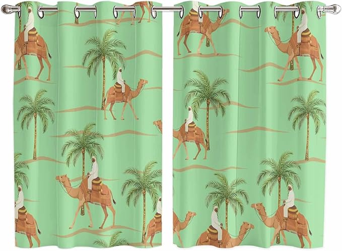 2 Panel Kitchen Cafe Curtains, Desert Camels Sunlight Filtering Nature Air Through, Home Decor Window Covering Tier Curtains for Living Room 104W x 63L inch Tropical Date Palm Trees Animal Green
