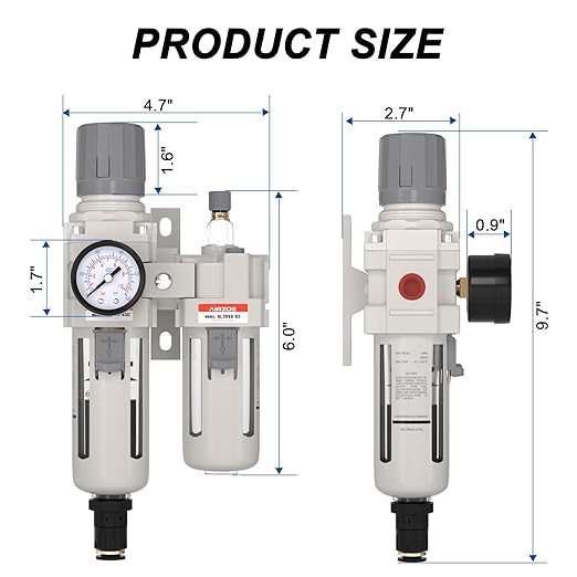 3/8" NPT Compressed Air Filter Regulator Lubricator Combo, Air Compressor Water Separator AC3010-03,5 Micron Brass Element Auto Drain,0-145 psi Gauge