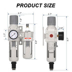 3/8" NPT Compressed Air Filter Regulator Lubricator Combo, Air Compressor Water Separator AC3010-03,5 Micron Brass Element Auto Drain,0-145 psi Gauge